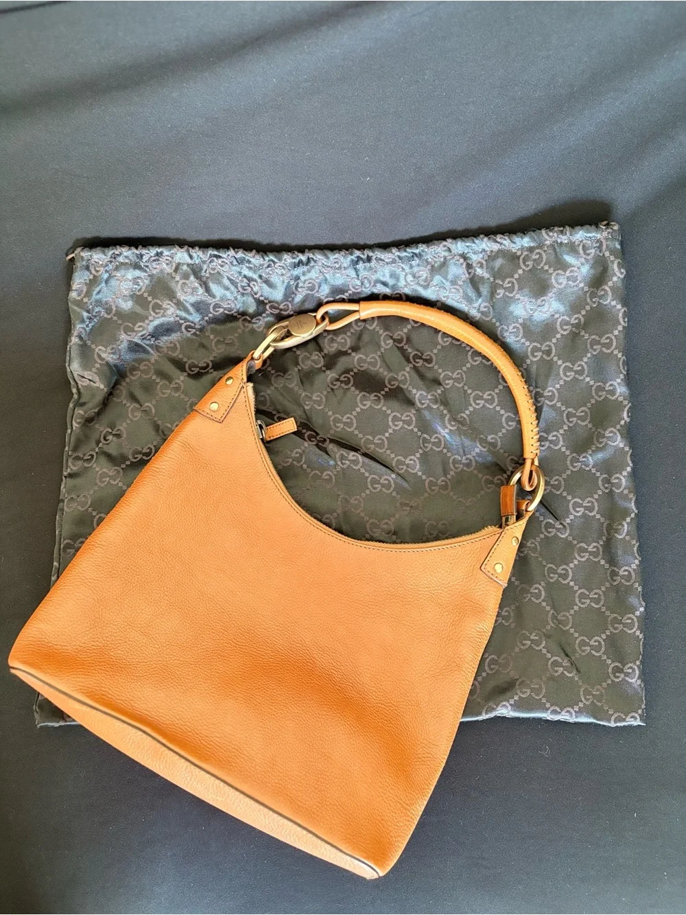 Vintage Gucci GG Ring Handle Small Hobo Bag Tan Leather Y2K